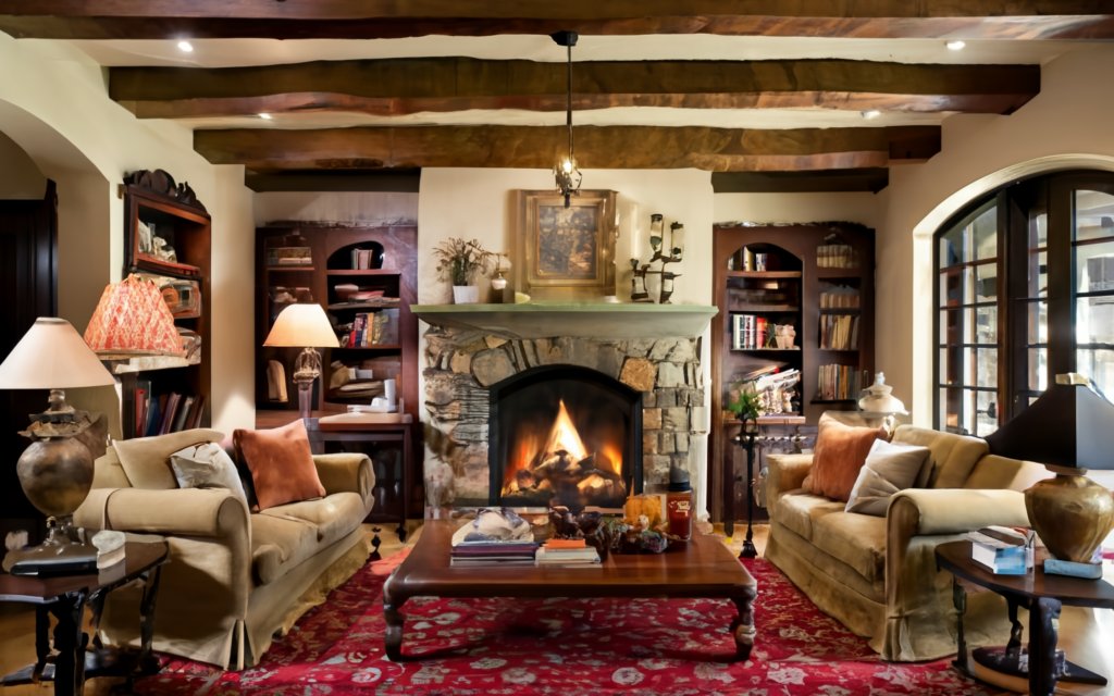 Fireplace inside tudor style house