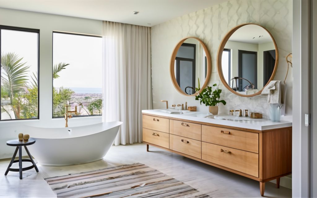 Furniture in the open concept bathroom