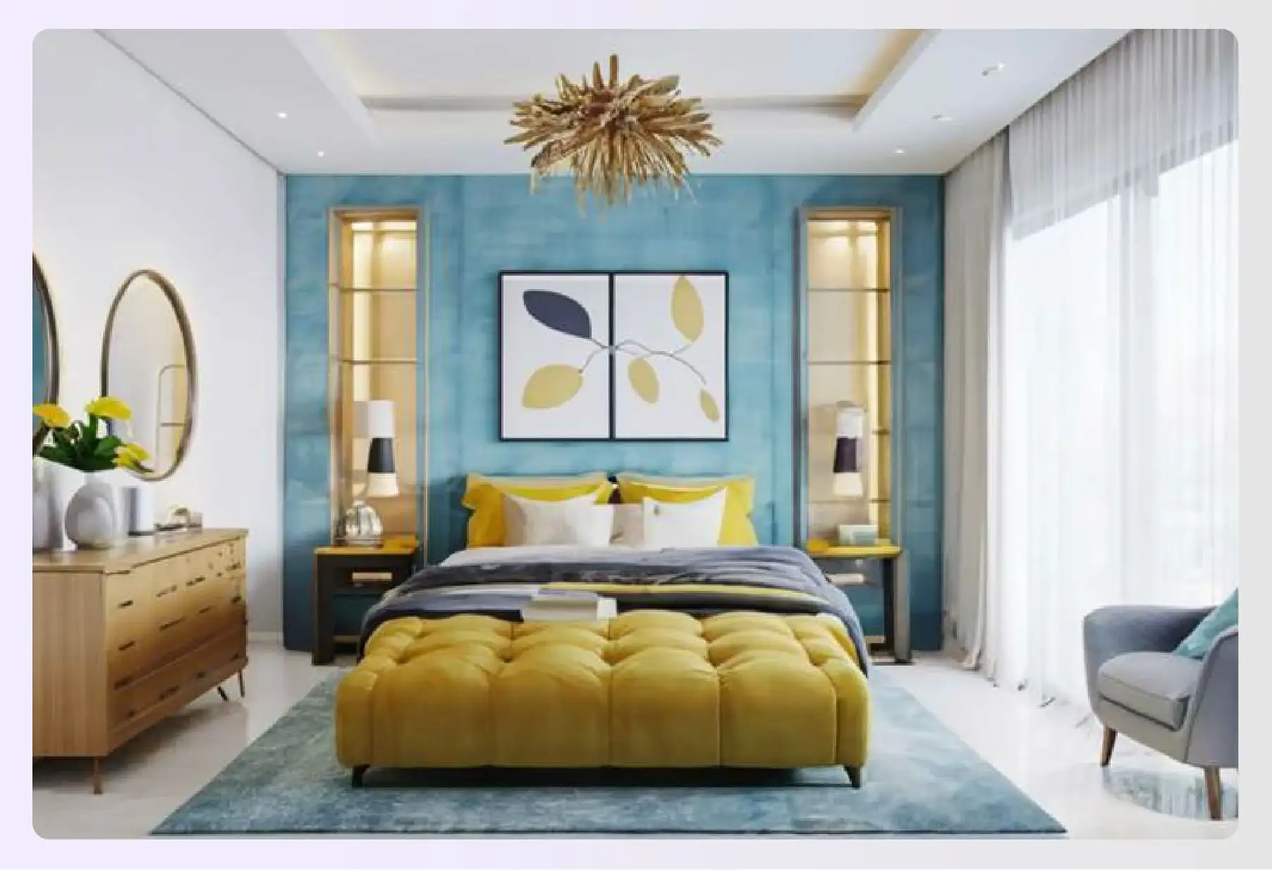 Happy light yellow and serene blue bedroom