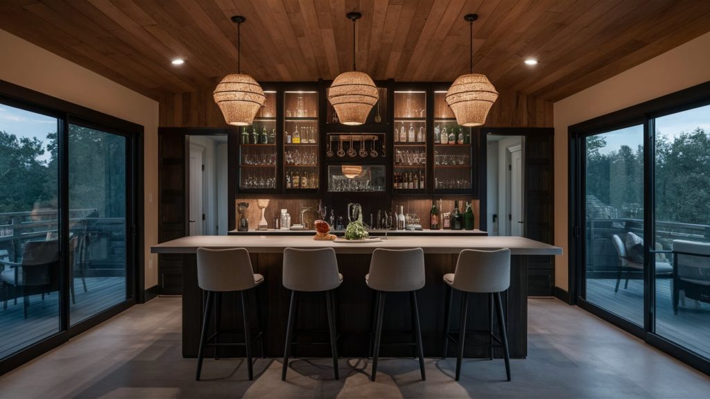 Home bar with bar stools and sliding glass doors leading to a deck.