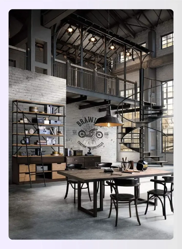 Industrial loft with exposed brick and spiral staircase