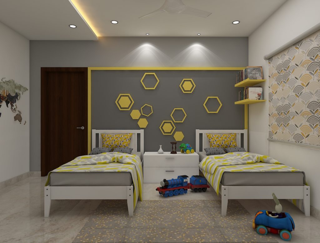 A kid's bedroom with two twin beds, grey and yellow walls, and honeycomb accents.