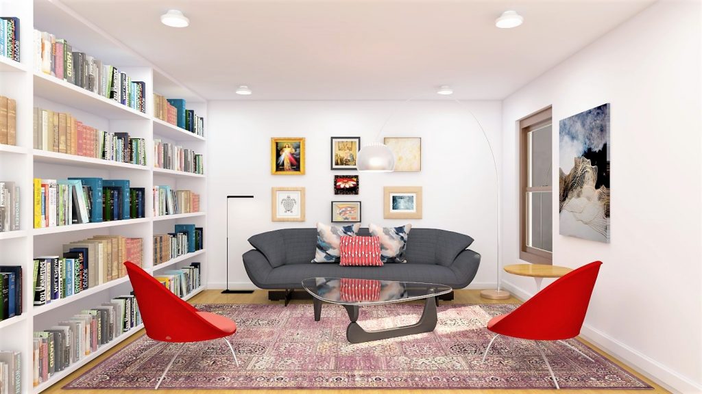 Bright and airy library with comfortable seating