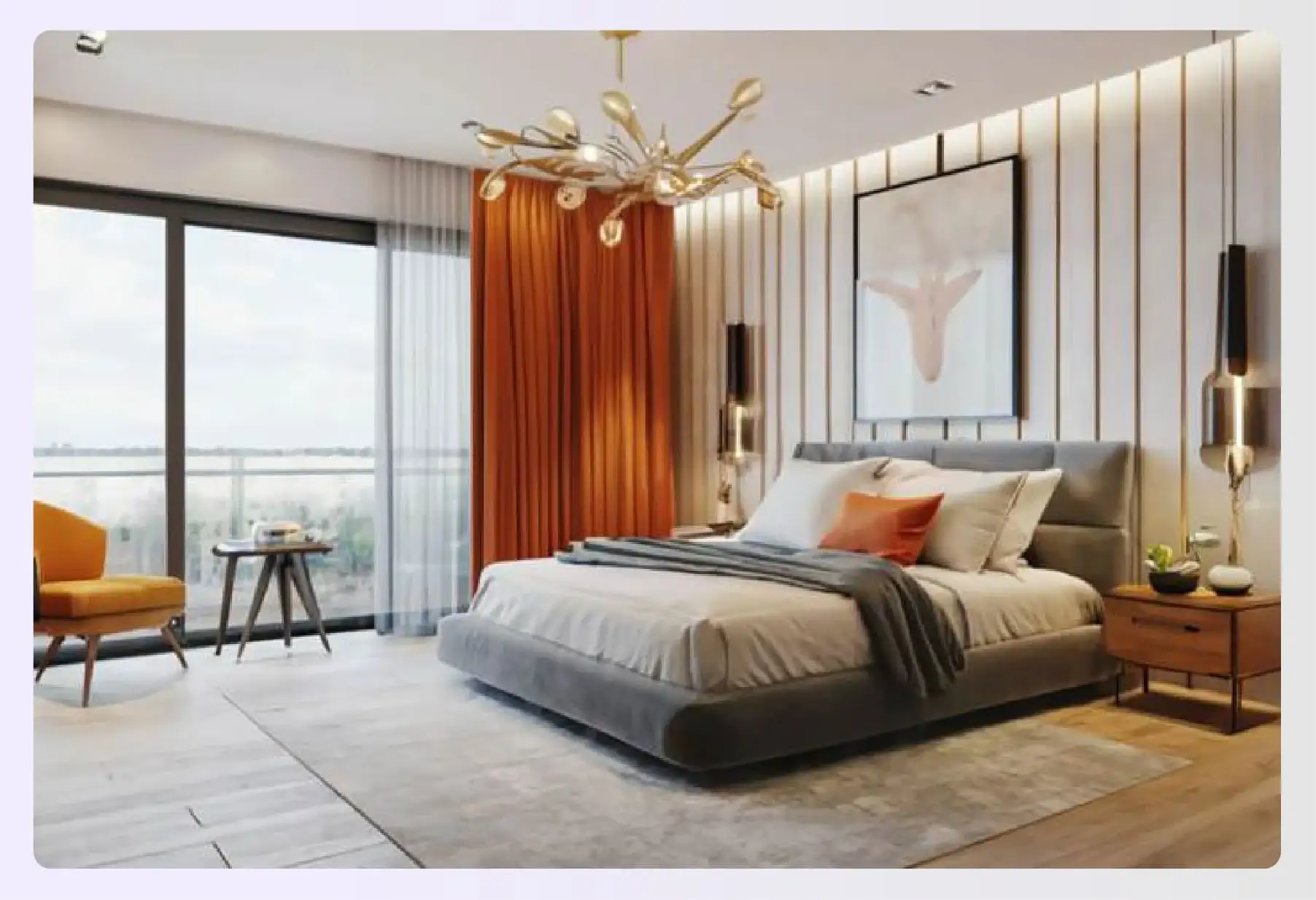 Light gray bedroom with radiant orange curtains