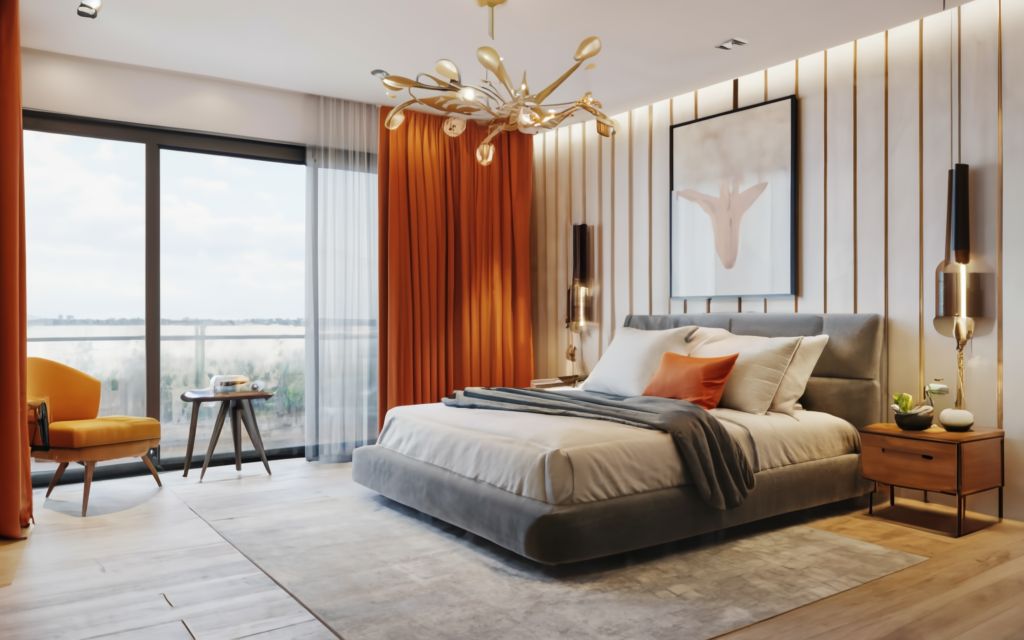 Light grey with burnt orange and amber color bedroom