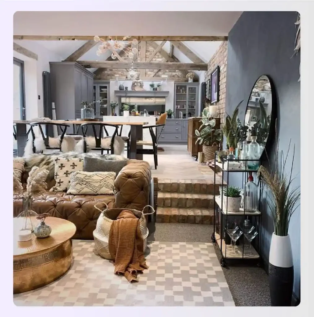 Living room with steps up to the kitchen