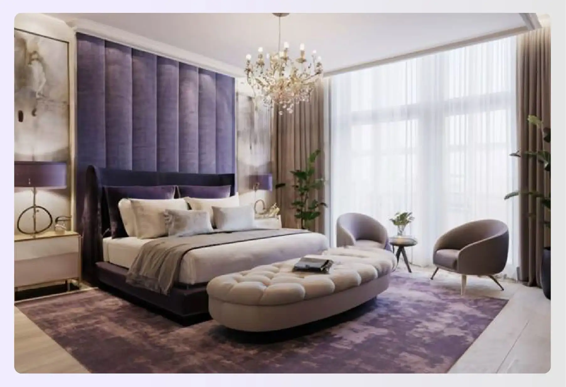 Luxurious purple and lavender bedroom interior