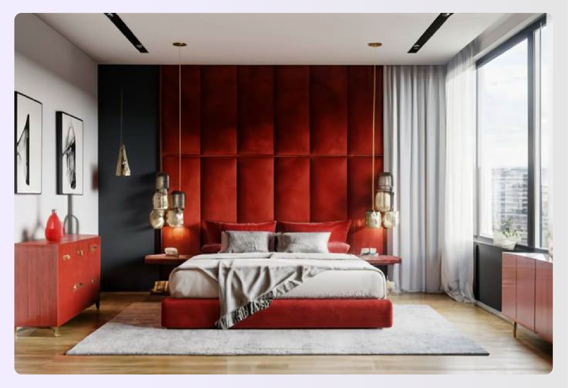 Luxurious red lacquer accent wall in bedroom