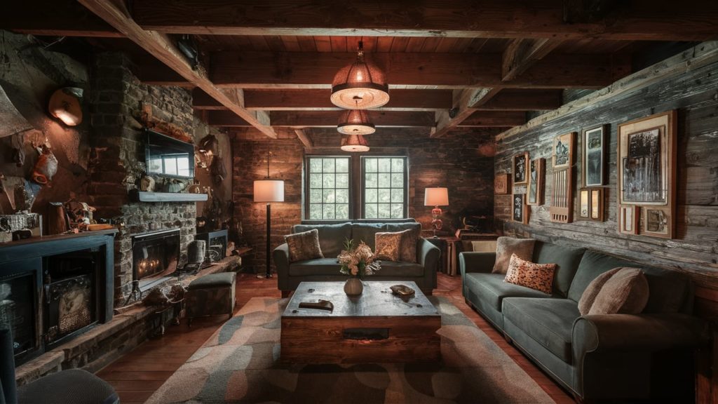 A cozy, rustic man cave with a fireplace, exposed stone walls, and comfortable couches.