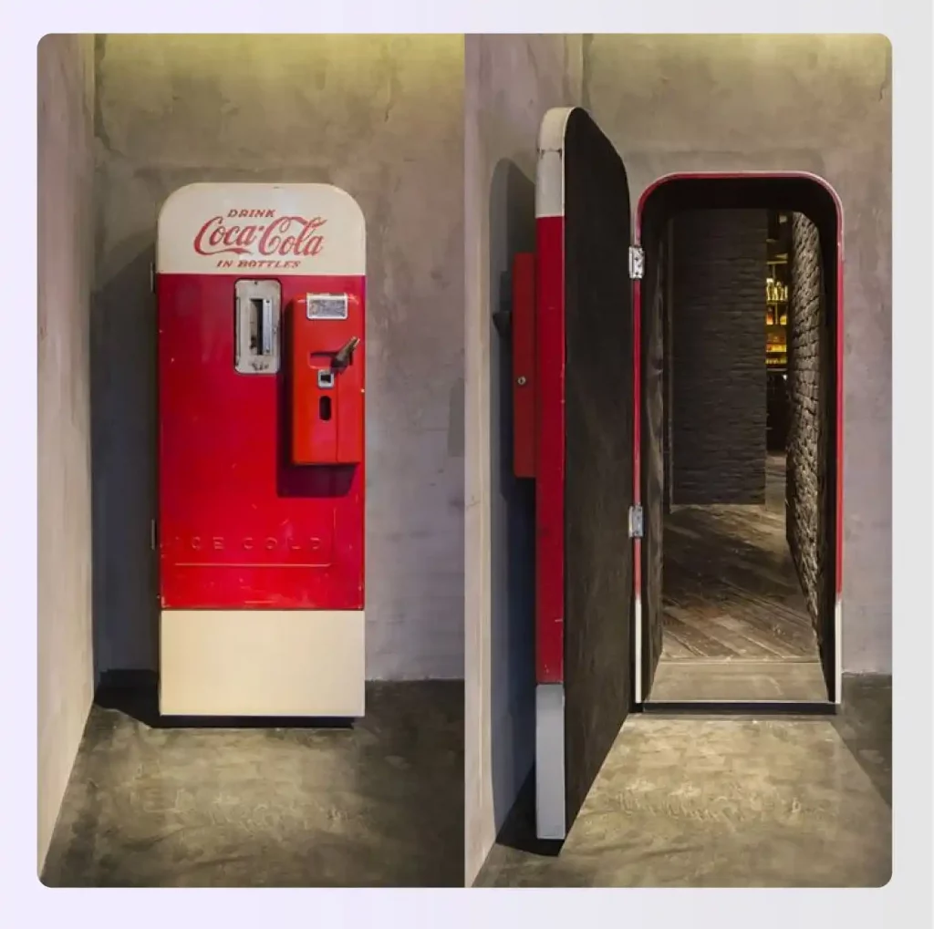 Old fridge with mechanism opening to mancave