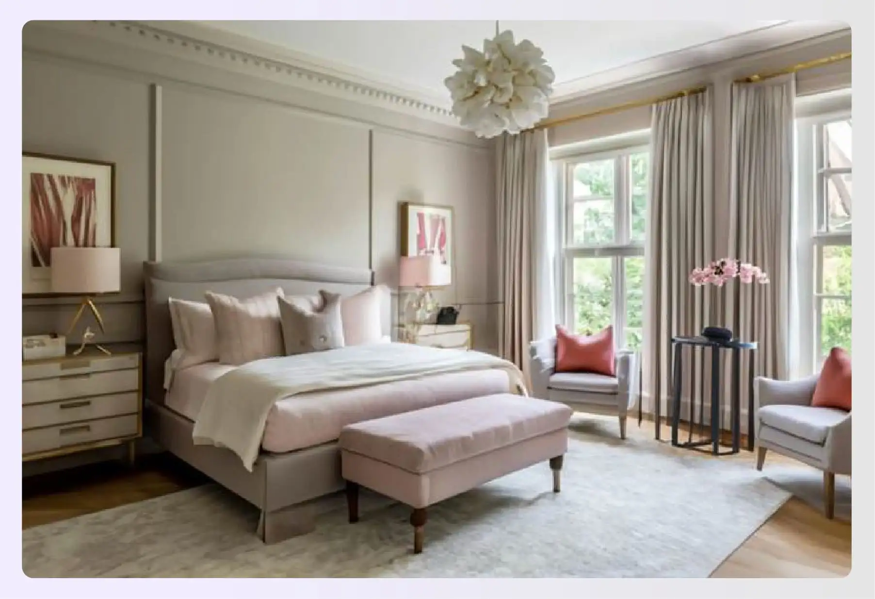 Peaceful bedroom with subtle pink and taupe