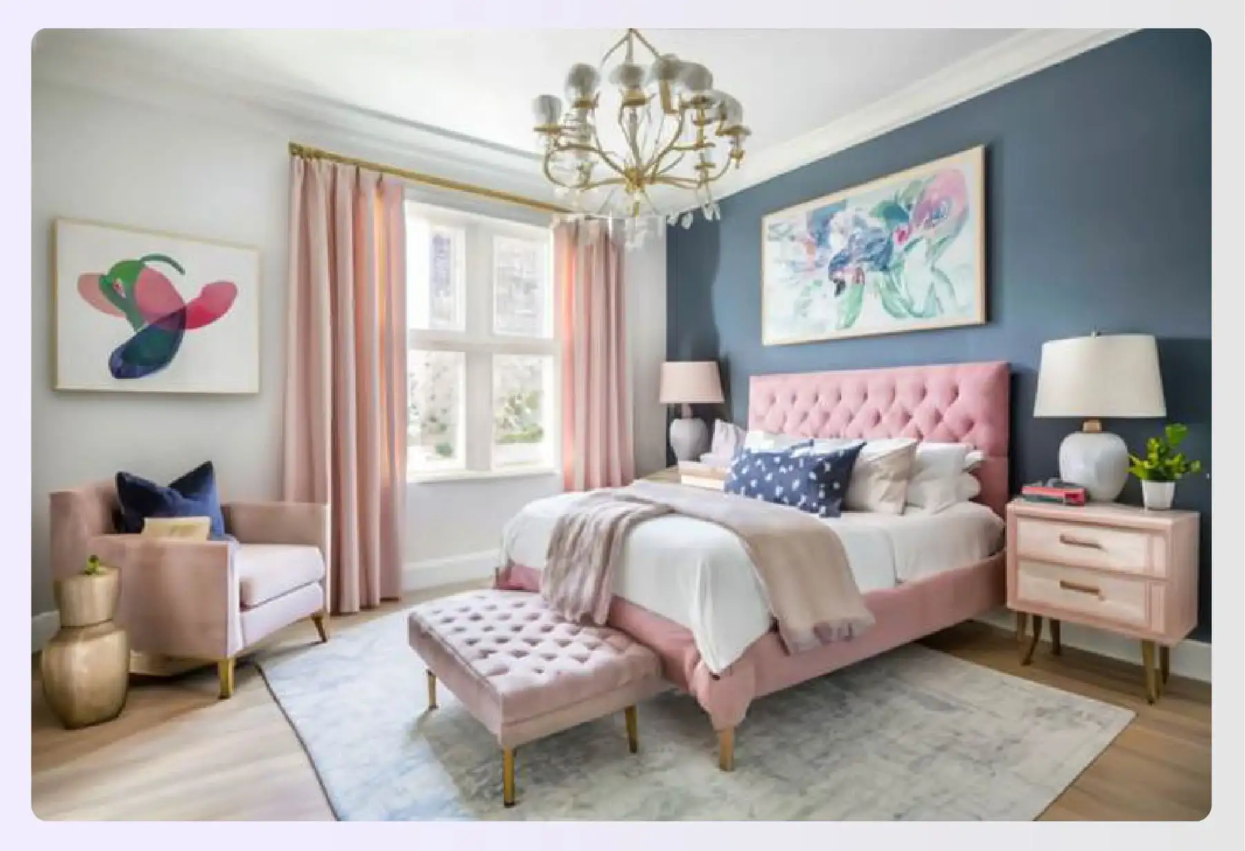 Pink and navy blue bedroom with white elements