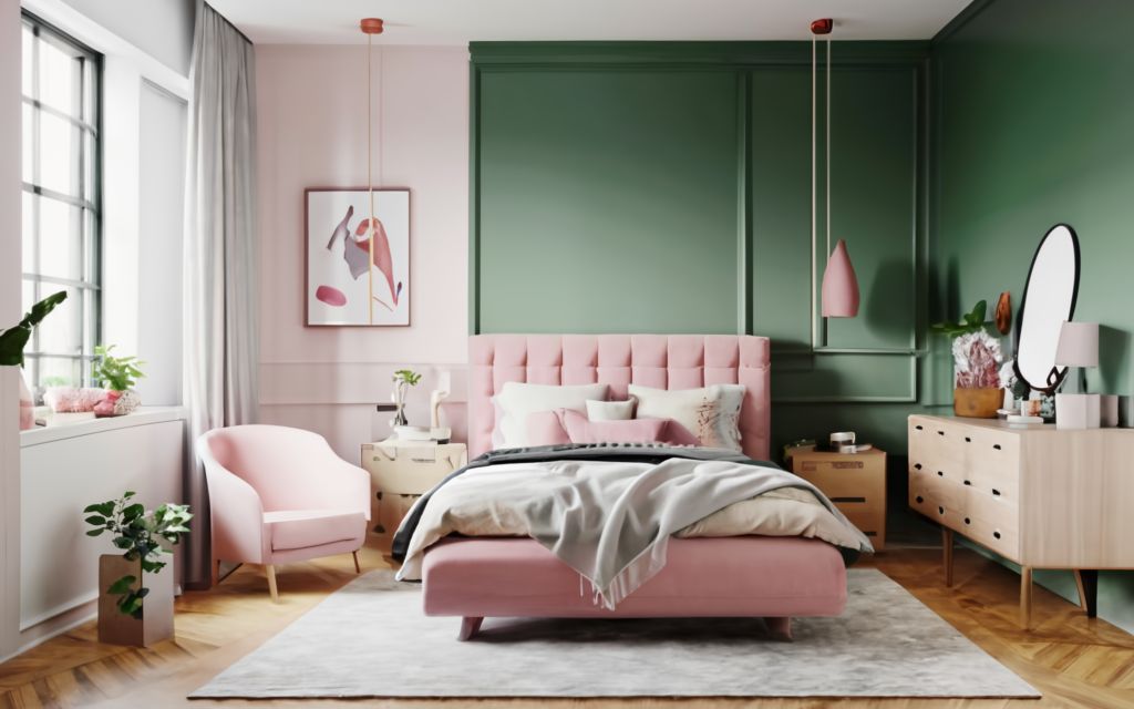 Pink, grey and green colored bedroom