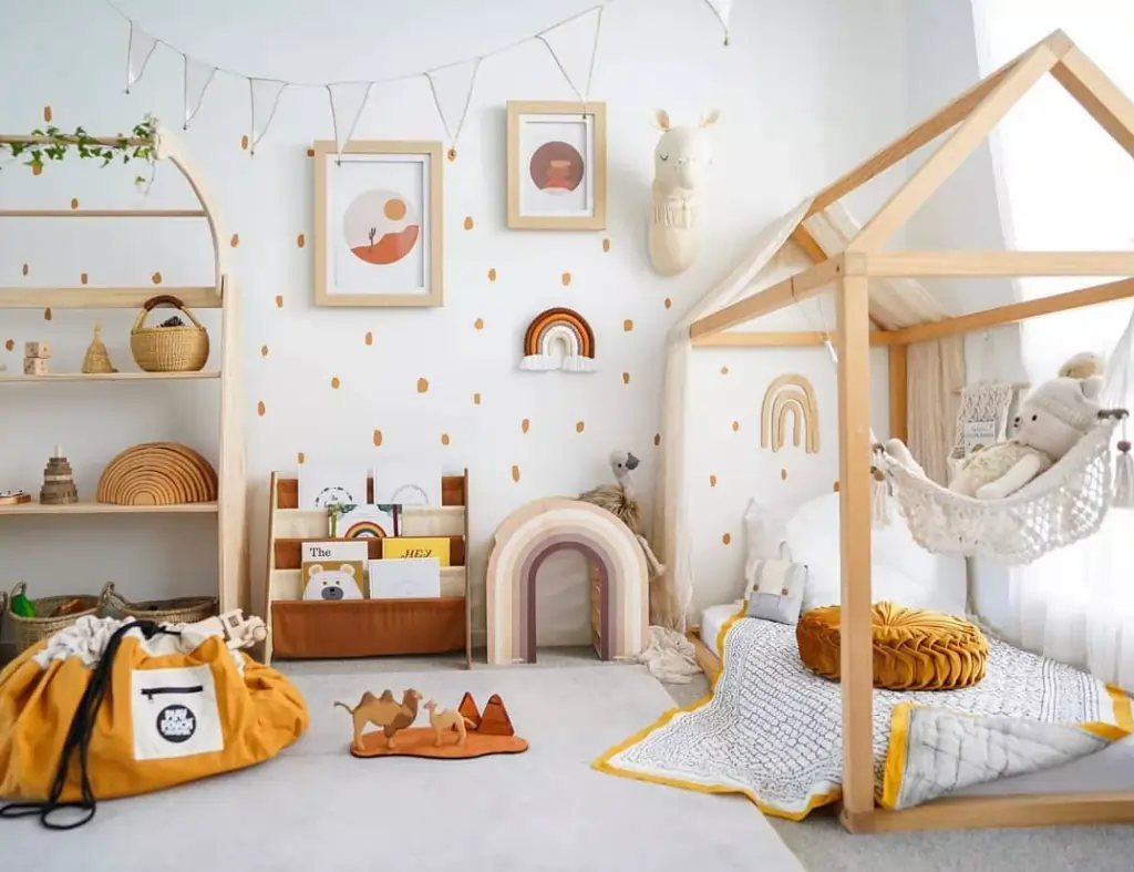 Child's playroom with toys and colorful decor.