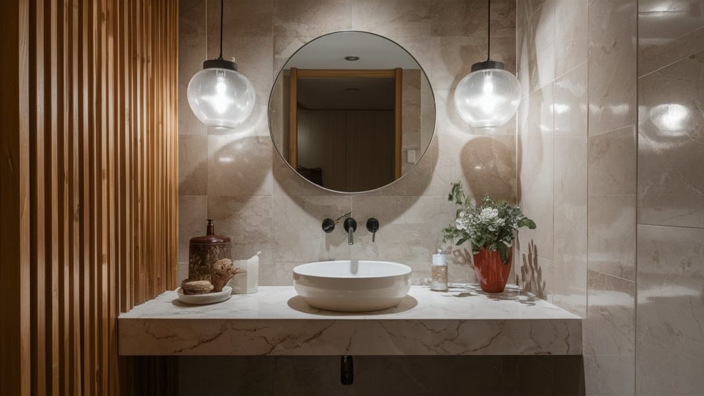 Powder room with a marble countertop, a round sink, and a round mirror.