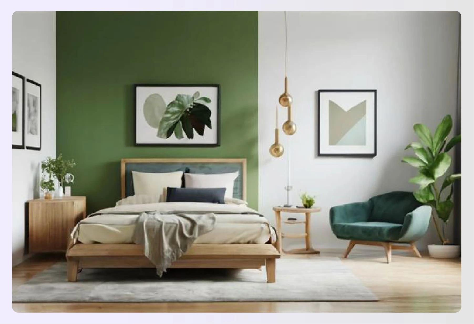 Relaxed bedroom with mint green and navy hues