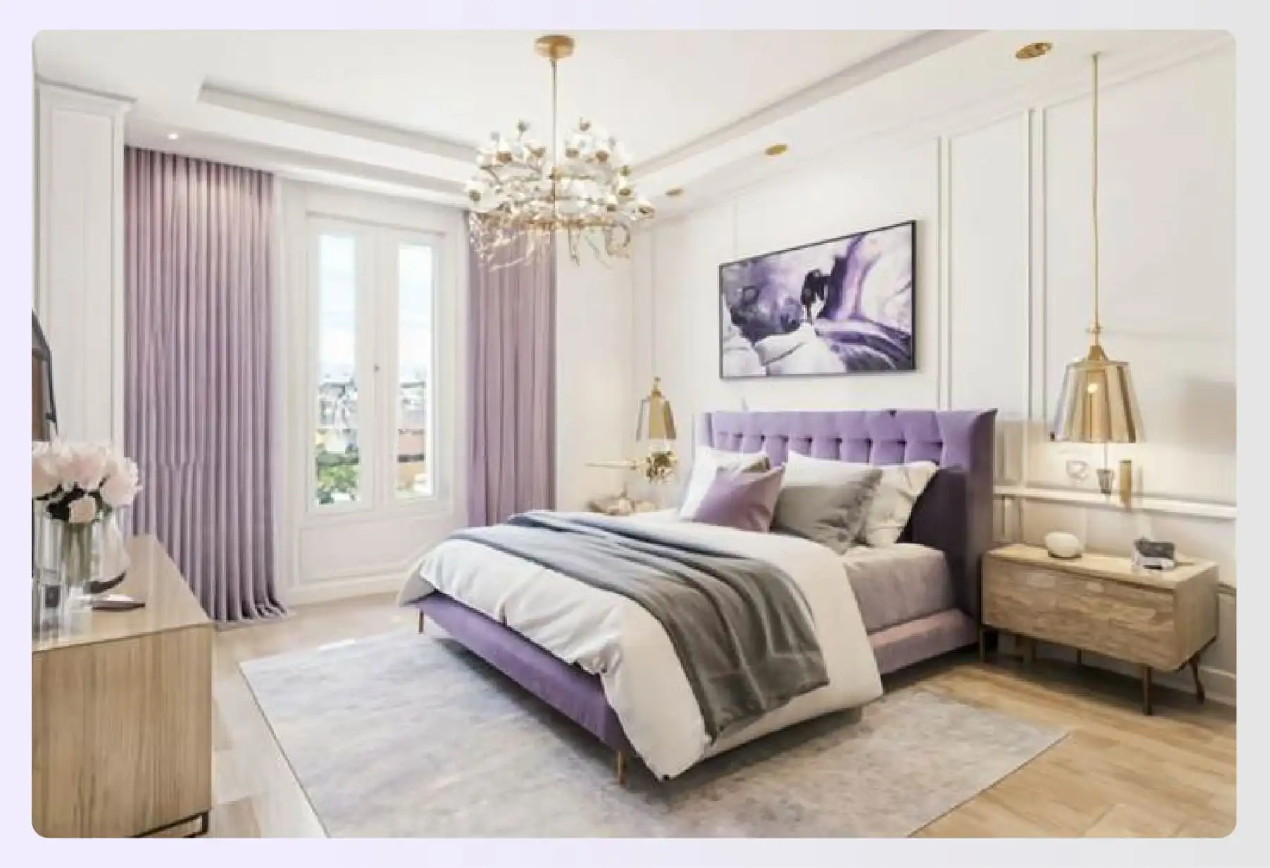 Relaxing bedroom with lavender and champagne hues