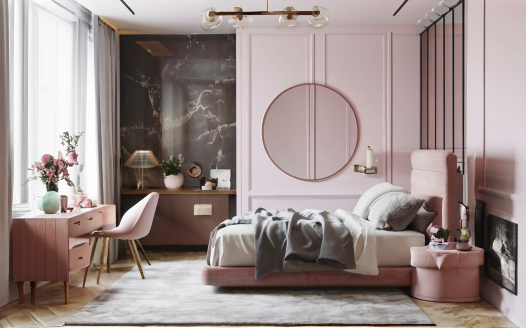 Rose pink and grey bedroom color