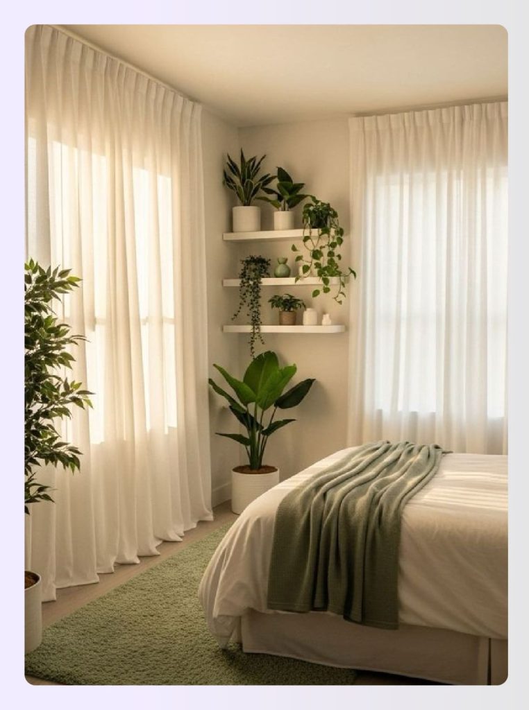 Rustic bedroom decorated with large indoor potted plants Rustic bedroom decorated with large indoor potted plants