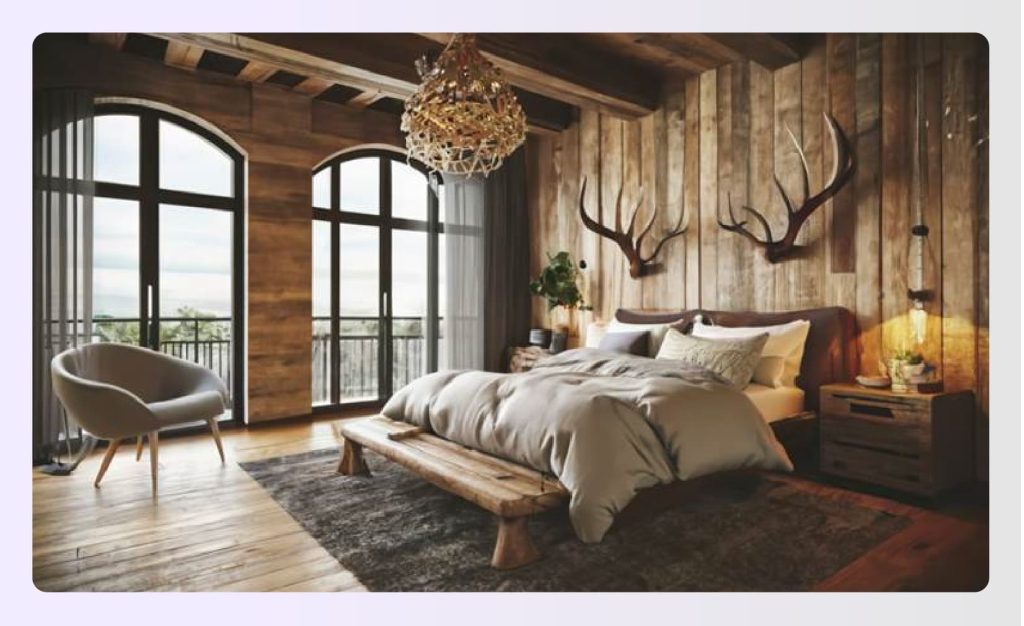 Rustic bedroom featuring repurposed wood accents and antler chandelier Rustic bedroom featuring repurposed wood accents and antler chandelier