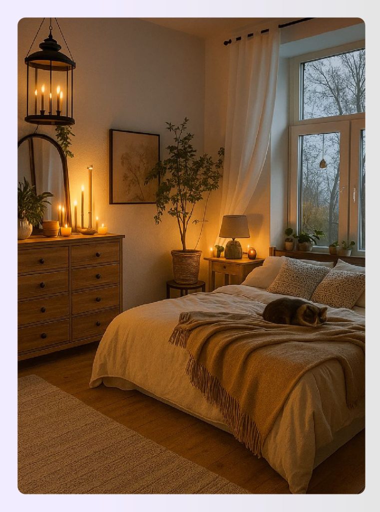 Rustic bedroom featuring warm bedside lantern lighting Rustic bedroom featuring warm bedside lantern lighting