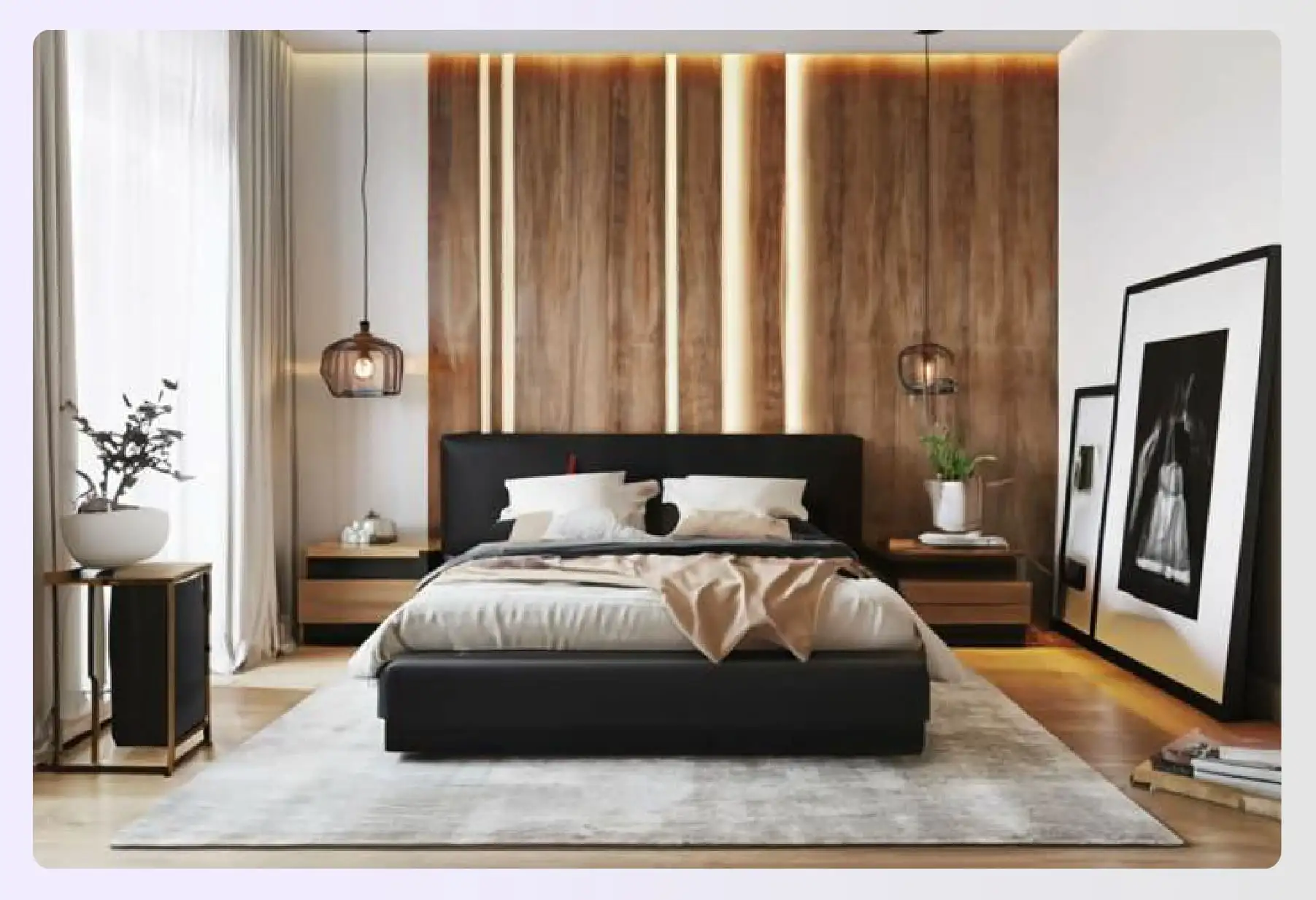 Rusty and modern bedroom with wood and black