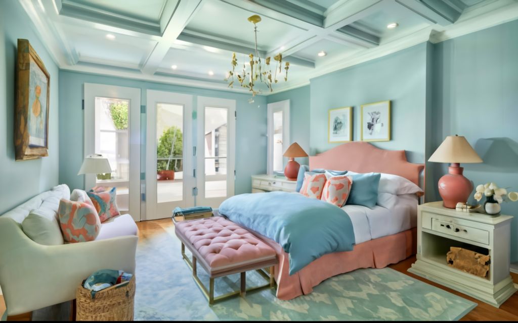 Blue coral and white bedroom