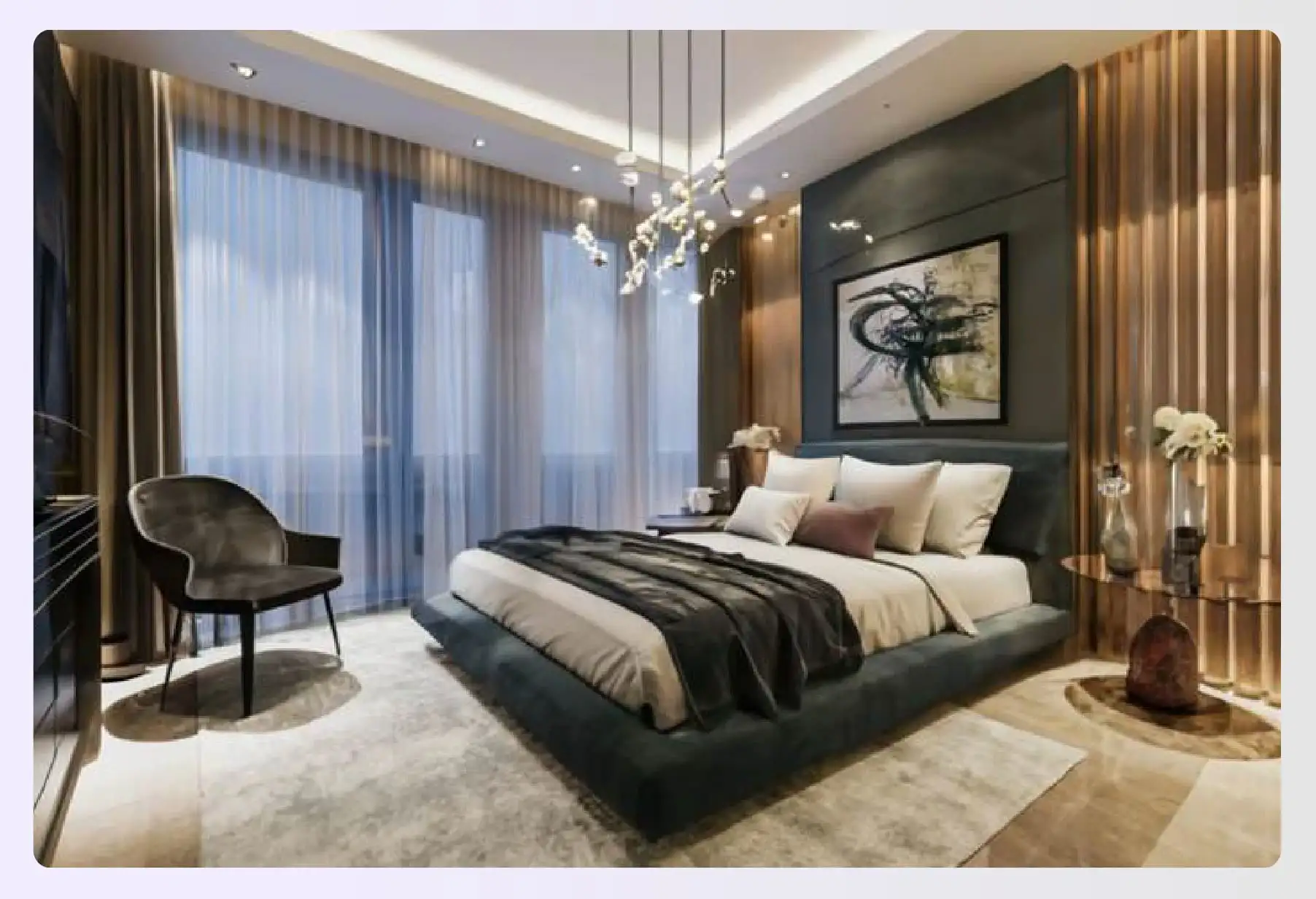 Sophisticated bedroom with dark and light colors