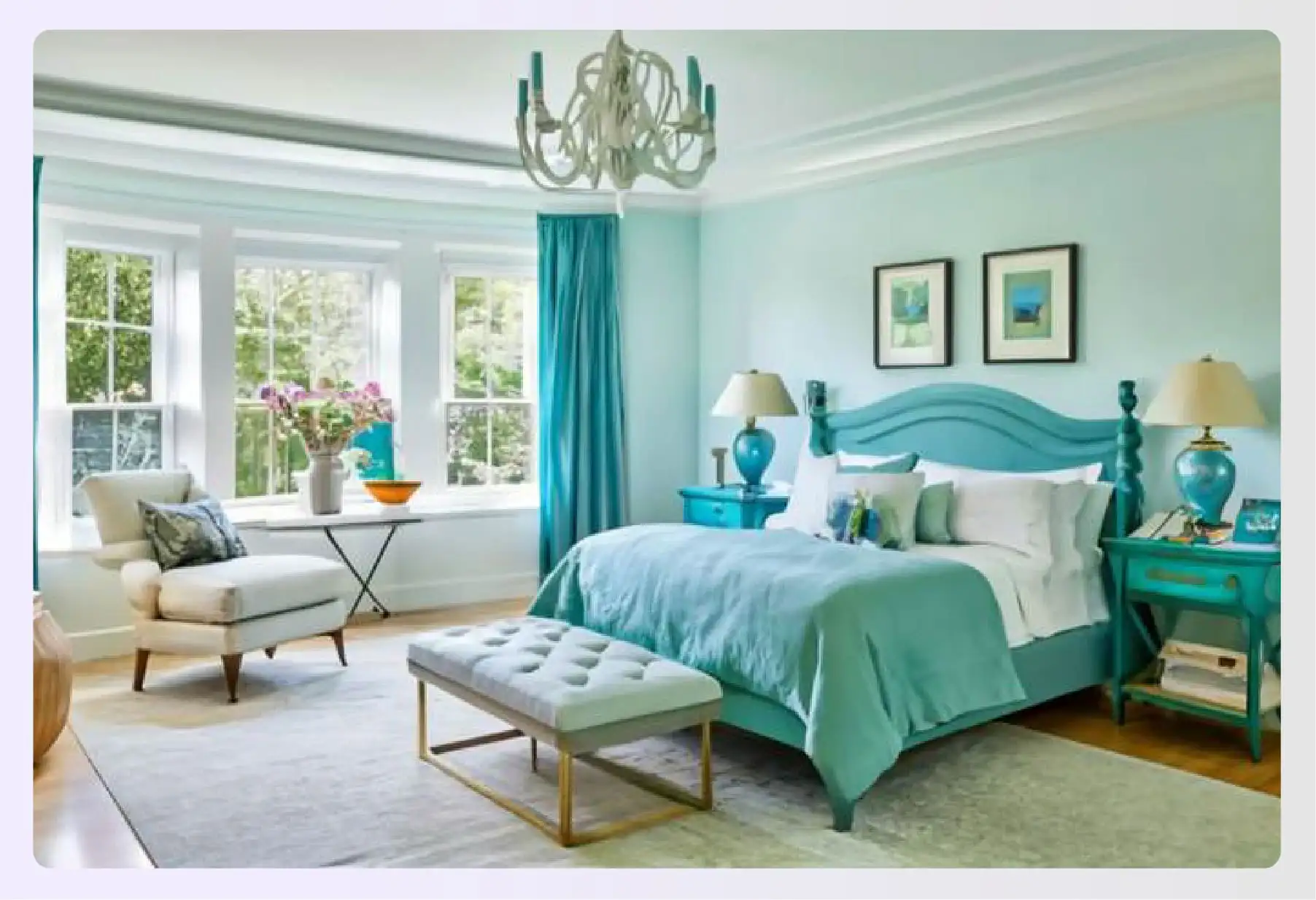 Spa-like bedroom with blue, green, and white