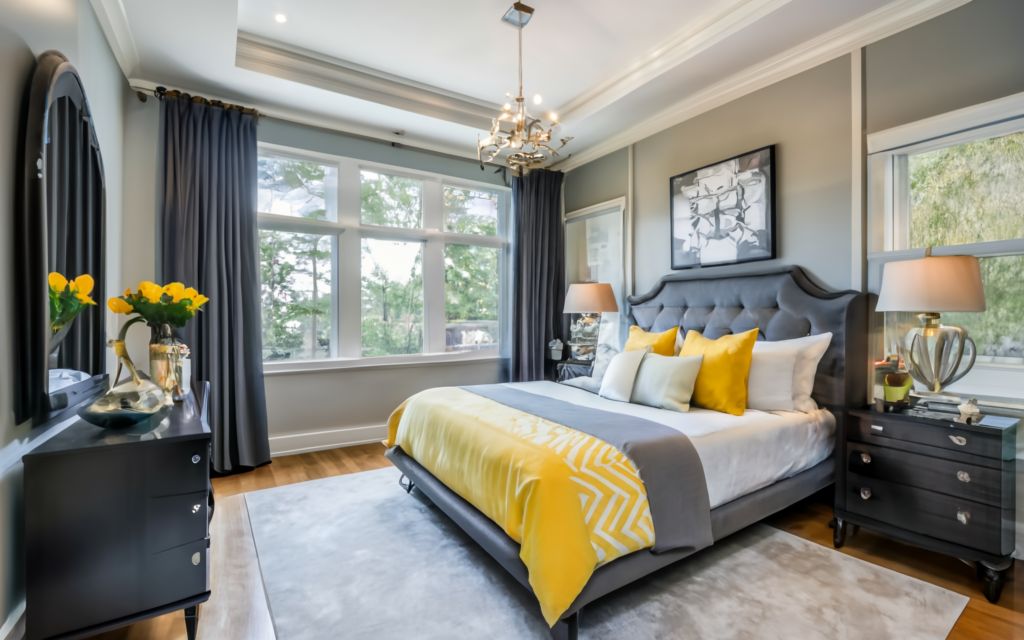 Grey and yellow bedroom