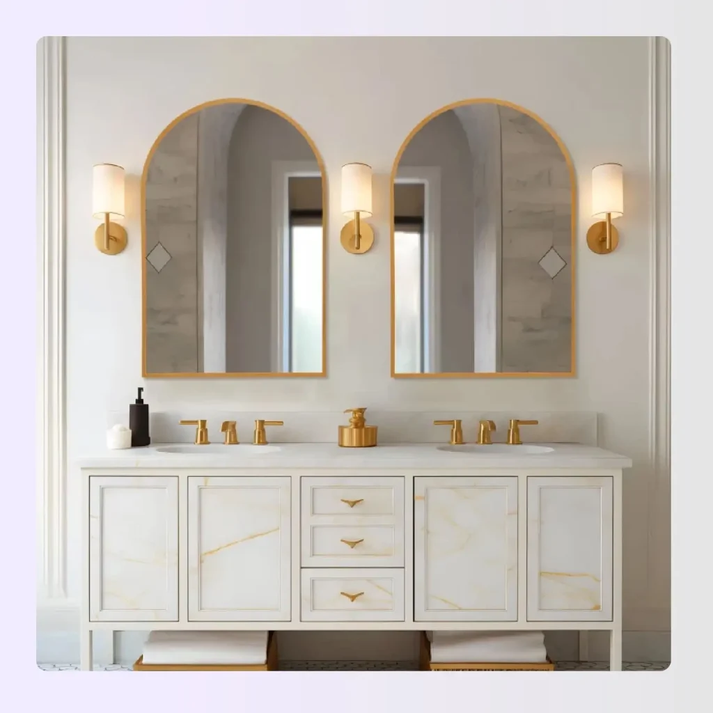 Double vanity with gold accents and arched mirrors Double vanity with gold accents and arched mirrors