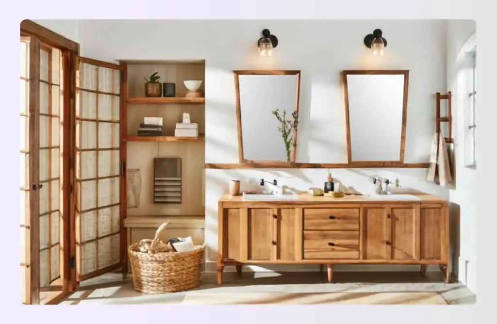 Rustic bathroom with rattan storage and wood accents