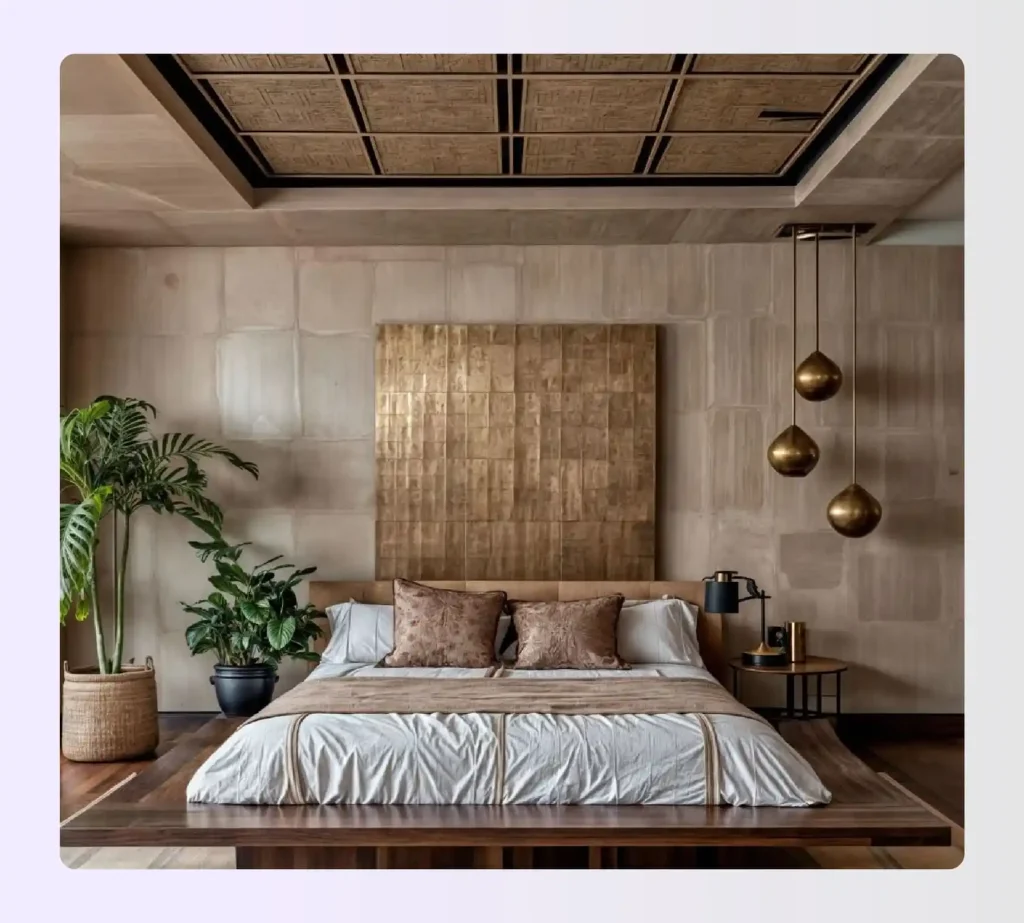 Relaxed bedroom setting with textured rugs and bedding Relaxed bedroom setting with textured rugs and bedding