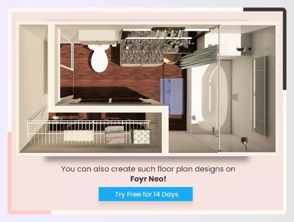 Top-down 3D view of a bathroom floor plan Top-down 3D view of a bathroom floor plan