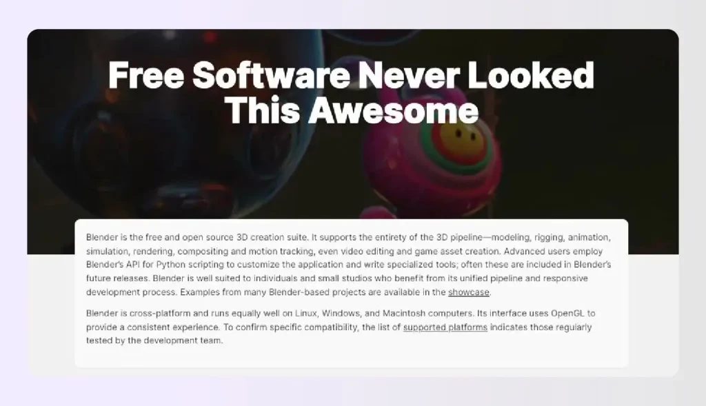 Blender is a free, open-source 3D creation suite supporting modeling, animation, rendering, and video editing Blender is a free, open-source 3D creation suite supporting modeling, animation, rendering, and video editing