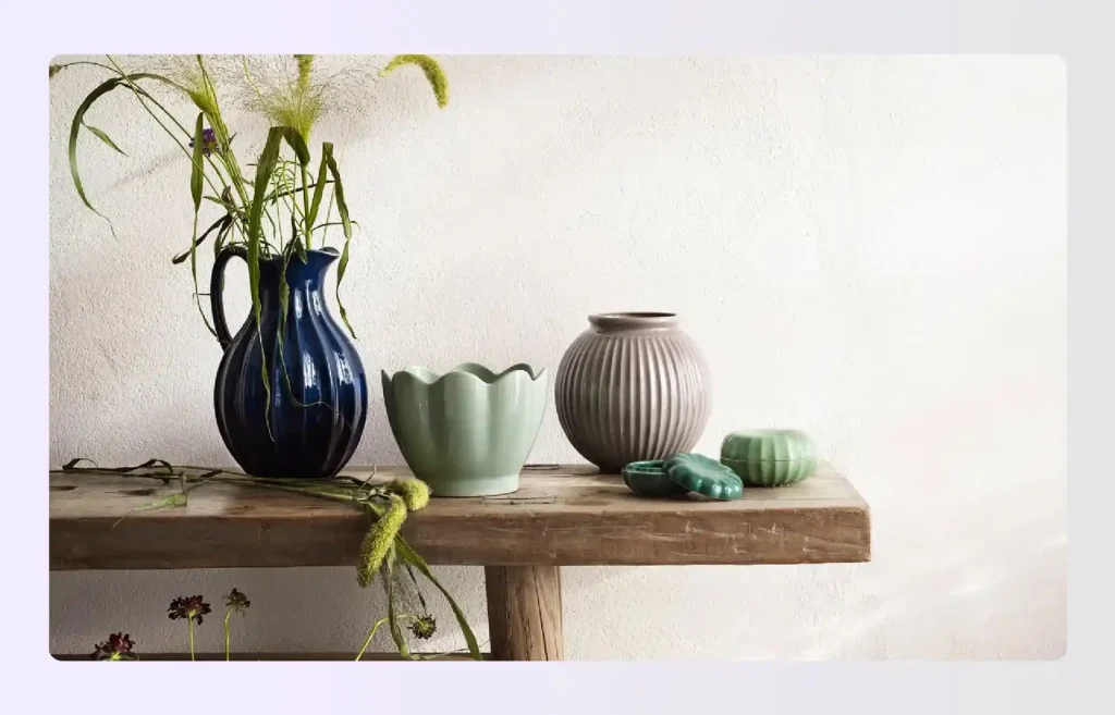 Rustic wooden bench with vases and wild plants Rustic wooden bench with vases and wild plants