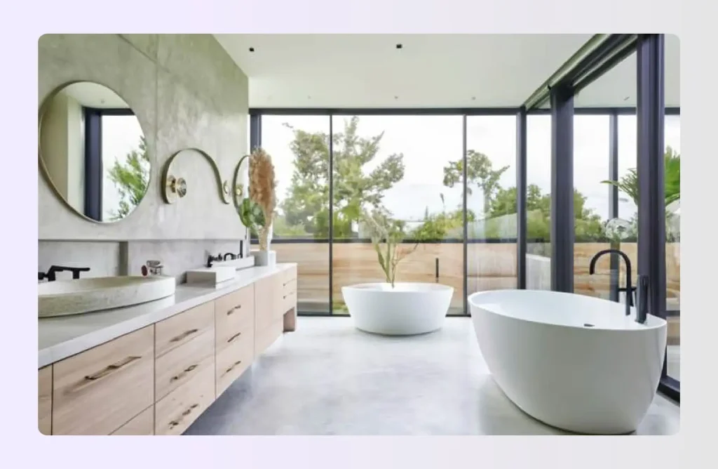 Concrete bathroom finish with round mirrors and tub