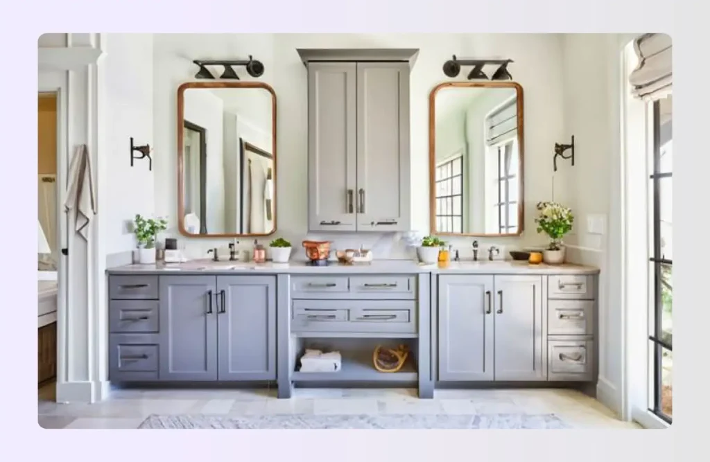 Minimalist grey bathroom cabinets with large mirrors Minimalist grey bathroom cabinets with large mirrors