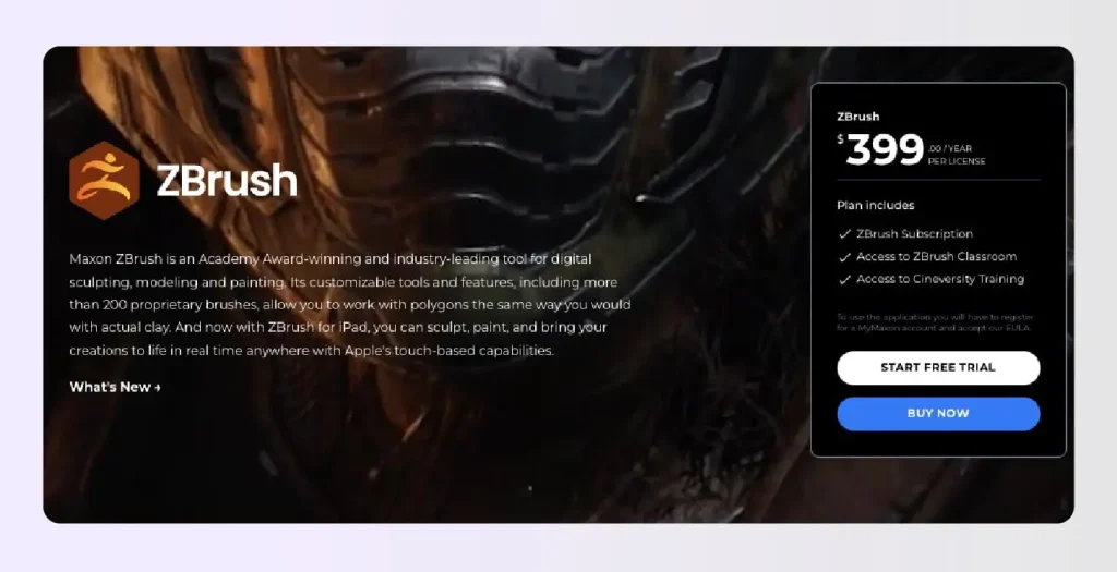 ZBrush is a professional digital sculpting and painting software offering over 200 proprietary brushes for detailed 3D modeling ZBrush is a professional digital sculpting and painting software offering over 200 proprietary brushes for detailed 3D modeling