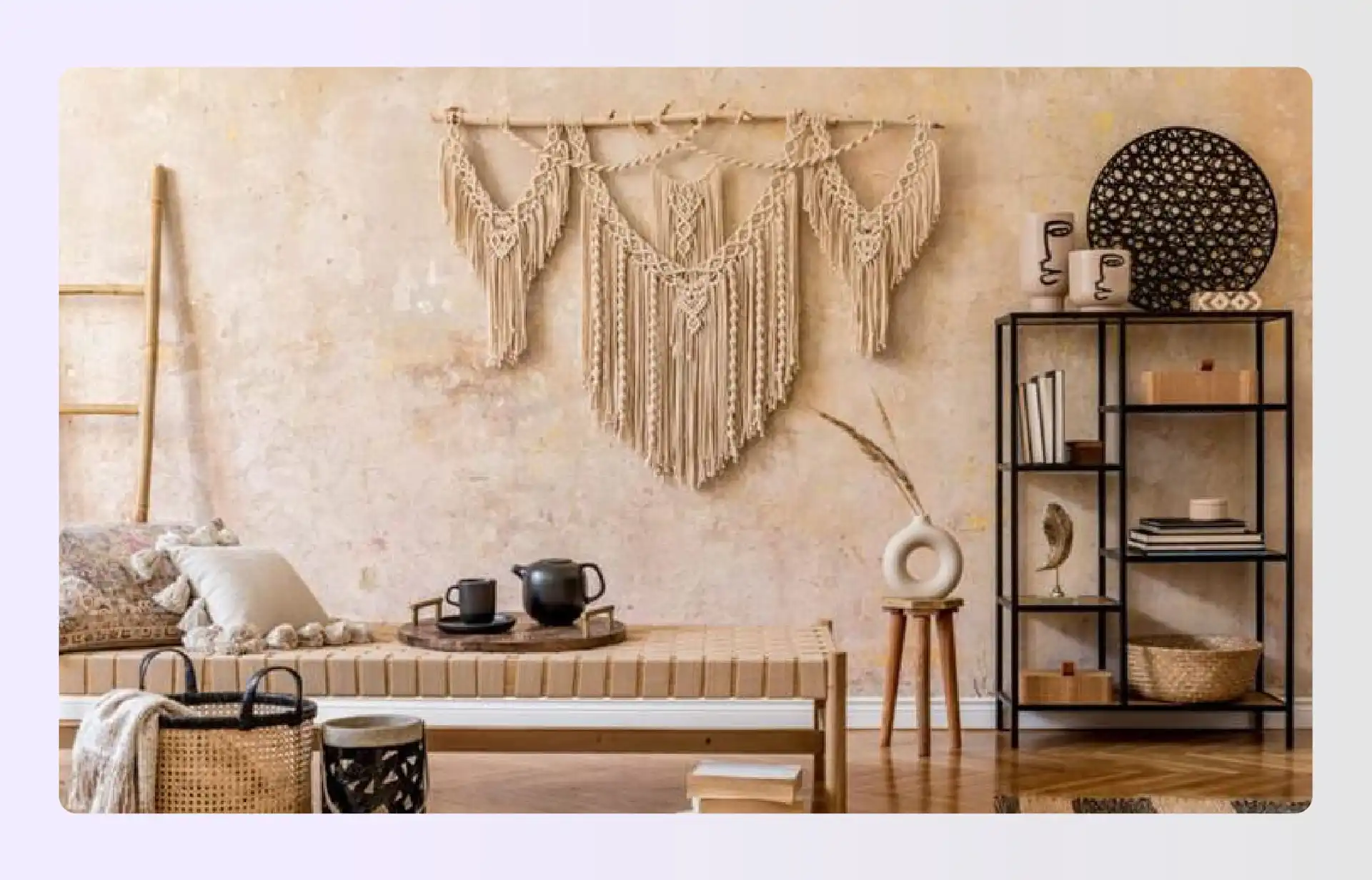 Macrame wall hanging and rustic wooden furniture Macrame wall hanging and rustic wooden furniture