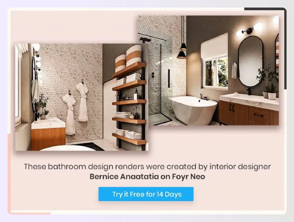 Photorealistic render of open bathroom with wooden cabinets Photorealistic render of open bathroom with wooden cabinets