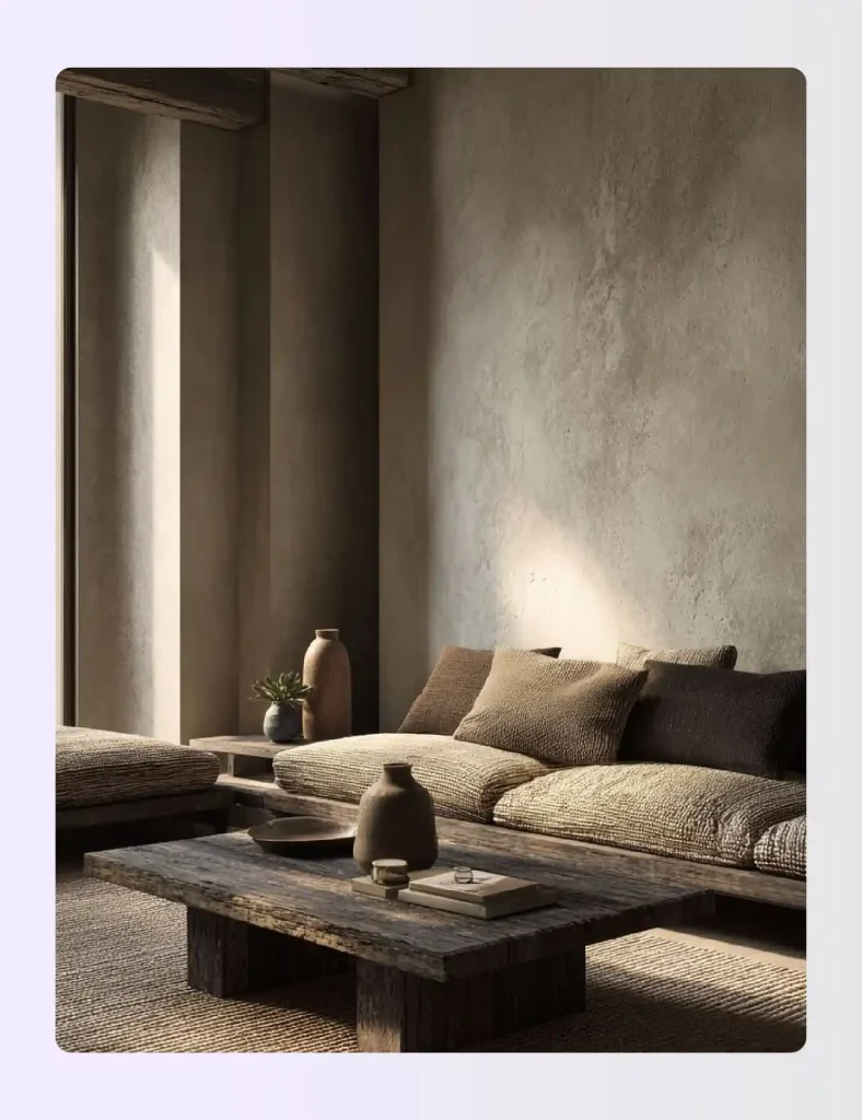 Minimalist living area with textured sofa and rugs Minimalist living area with textured sofa and rugs