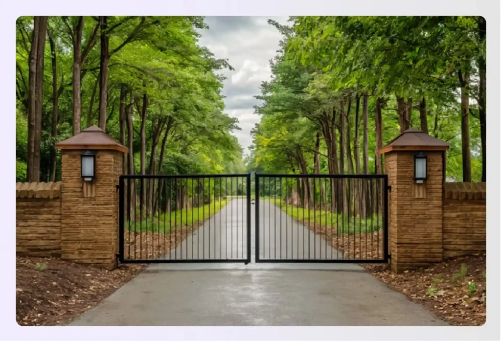A double cantilever gate at a tree-lined entrance