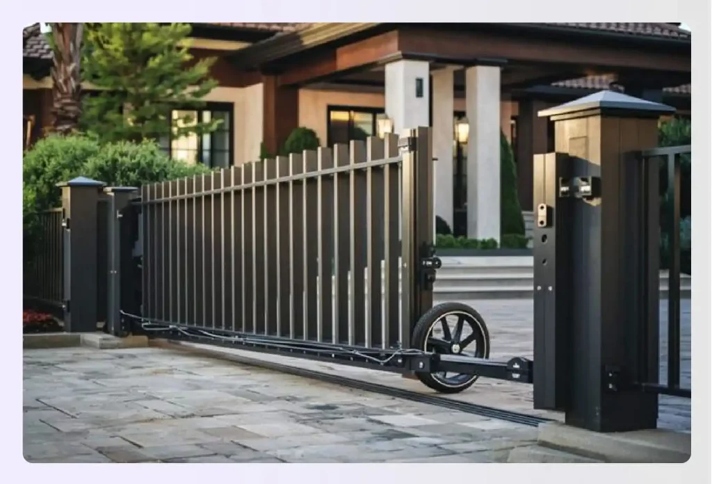 A modern, black retractable gate for a driveway