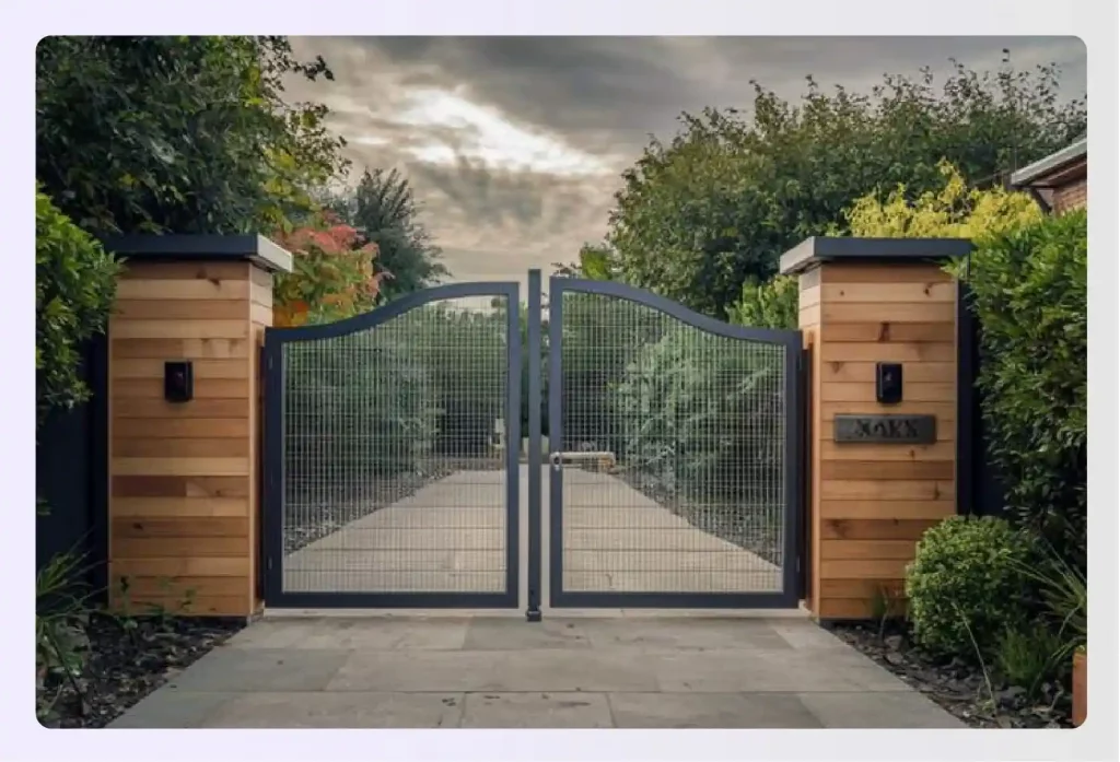 A modern stainless steel gate with wooden pillars