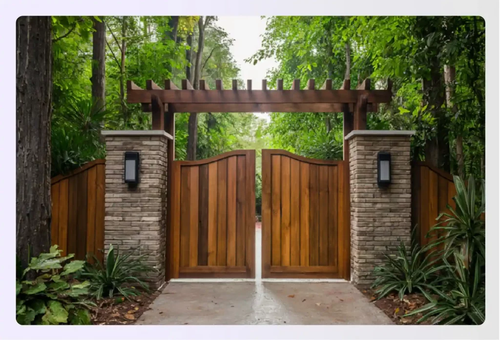 A rustic double wooden gate with a pergola top