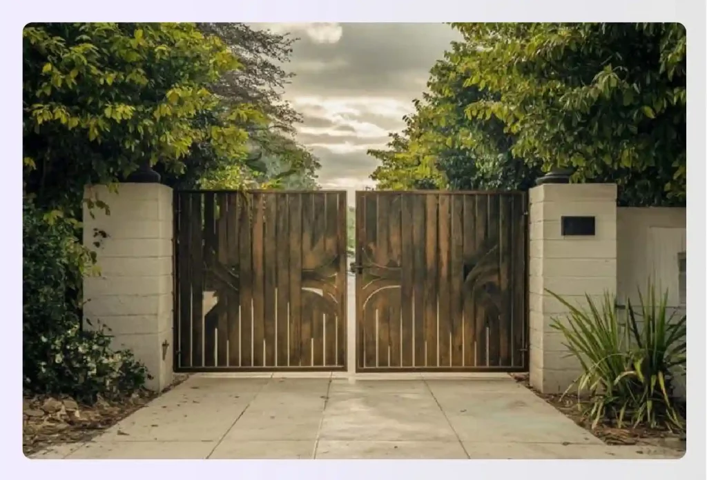 A rustic patina steel gate with an artistic design