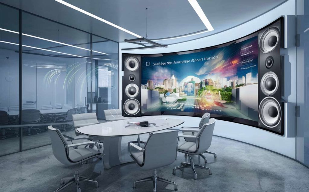 office conference room with large screen and speakers
