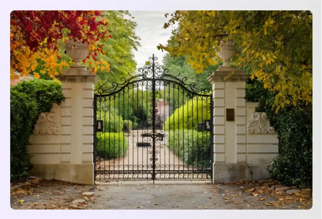 An elegant black wrought iron gate with intricate scrollwork