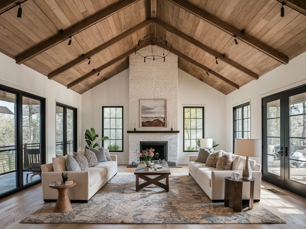 A spacious room with a vaulted ceiling, creating a sense of height and openness.
